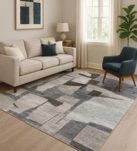  Polyester Carpet with Abstract Pattern and Cotton Backing, 200x290 cm, Blue & Grey