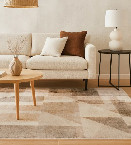  Polyester Carpet with Abstract Pattern and Cotton Backing, 200x290 cm, Cream & Brown