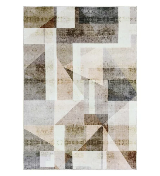  Polyester Carpet with Abstract Pattern and Cotton Backing, 200x290 cm, Cream & Brown
