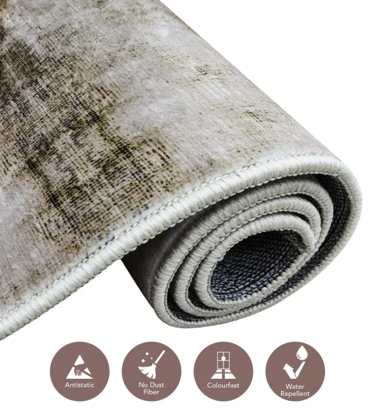  Polyester Carpet with Abstract Pattern and Cotton Backing, 200x290 cm, Cream & Brown