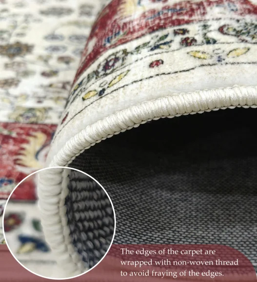  Polyester Carpet with Classical Pattern and Cotton Backing, 200x290 cm, Cream & Maroon