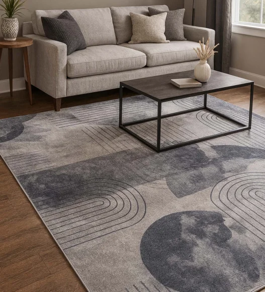  Polyester Carpet with Abstract Pattern and Cotton Backing, 200x290 cm, Grey & Blue
