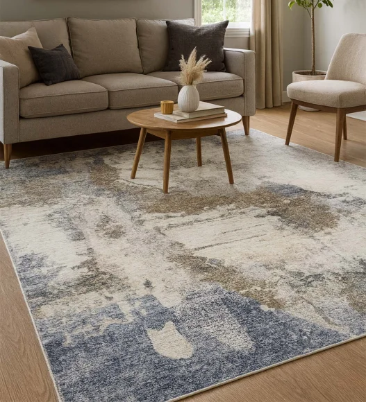  Polyester Carpet with Abstract Pattern and Cotton Backing, 200x290 cm, Cream & Blue