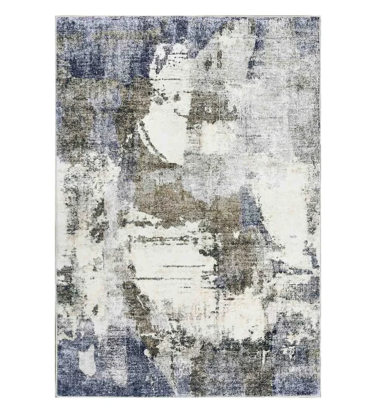 Polyester Carpet with Abstract Pattern and Cotton Backing, 200x290 cm, Cream & Blue