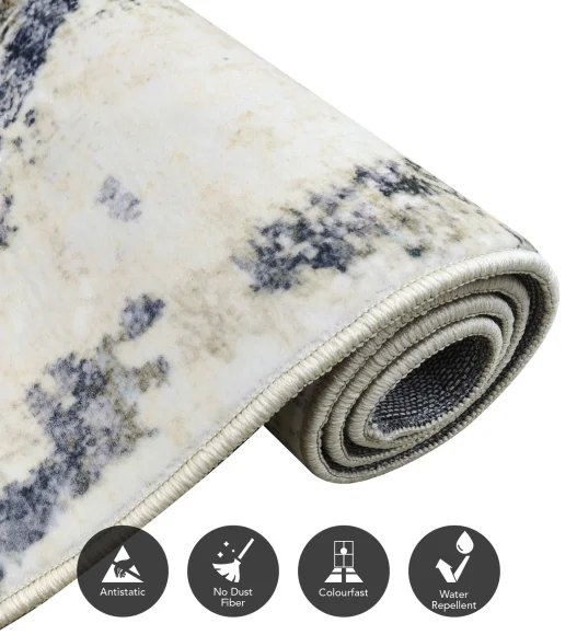  Polyester Carpet with Abstract Pattern and Cotton Backing, 200x290 cm, Cream & Blue