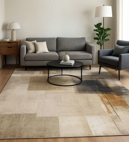  Polyester Carpet with Abstract Pattern and Cotton Backing, 200x290 cm, Beige & Cream