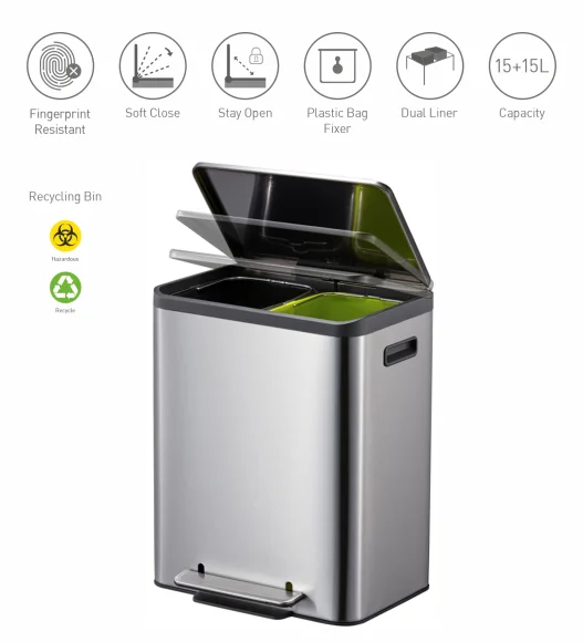 Eko 9128 Eco Casa Double Liner Recycling Step Bin Metallic
