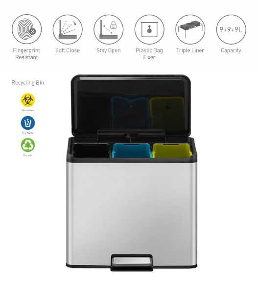 Eko 8228 Essential Triple Liner Recycling Step Bin Metallic
