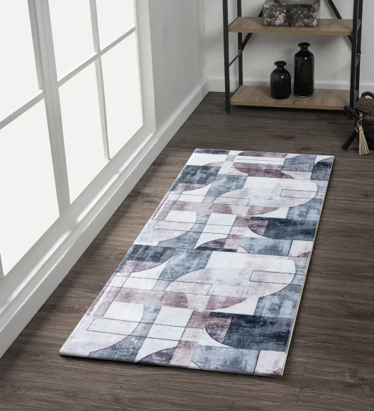  Polyester Bedside Runner with Abstract Pattern and Cotton Backing, 60x150 cm, Brown and Grey