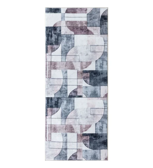  Polyester Bedside Runner with Abstract Pattern and Cotton Backing, 60x150 cm, Brown and Grey