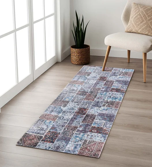  Polyester Bedside Runner with Abstract Pattern and Cotton Backing, 80x150 cm, Blue and Brown