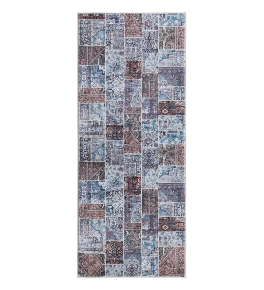  Polyester Bedside Runner with Abstract Pattern and Cotton Backing, 80x150 cm, Blue and Brown