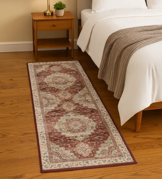  Polyester Bedside Runner with Abstract Pattern and Cotton Backing, 80x150 cm, Maroon and Cream