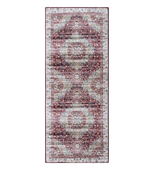 Polyester Bedside Runner with Abstract Pattern and Cotton Backing, 80x150 cm, Maroon and Cream