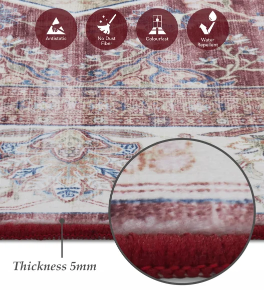  Polyester Bedside Runner with Abstract Pattern and Cotton Backing, 80x150 cm, Maroon and Cream
