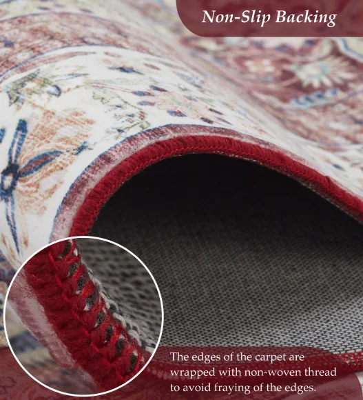  Polyester Bedside Runner with Abstract Pattern and Cotton Backing, 80x150 cm, Maroon and Cream