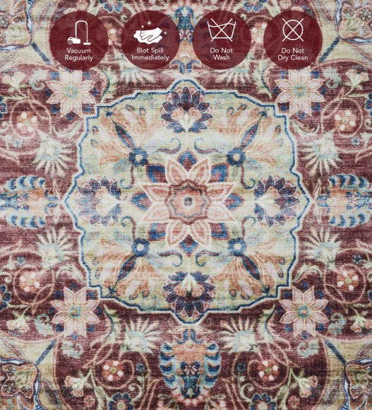  Polyester Bedside Runner with Abstract Pattern and Cotton Backing, 80x150 cm, Maroon and Cream