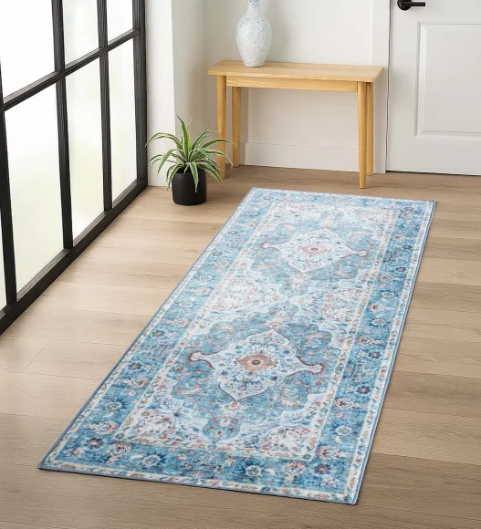  Polyester Bedside Runner with Abstract Pattern and Cotton Backing, 80x150 cm, Blue