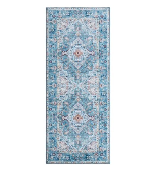  Polyester Bedside Runner with Abstract Pattern and Cotton Backing, 80x150 cm, Blue