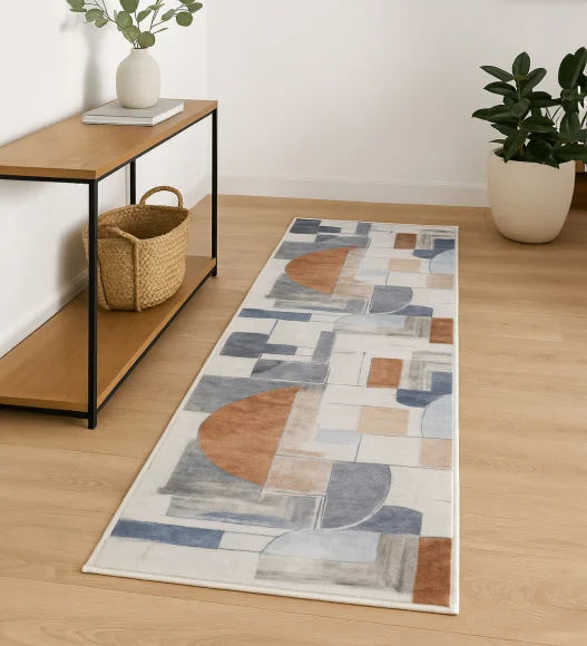  Polyester Bedside Runner with Abstract Pattern and Cotton Backing, 80x150 cm, Multi