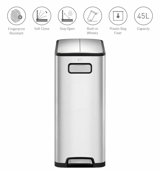 Eco Fly 45L Stainless Steel Pedal Bin with Removable Inner Bucket, Metallic