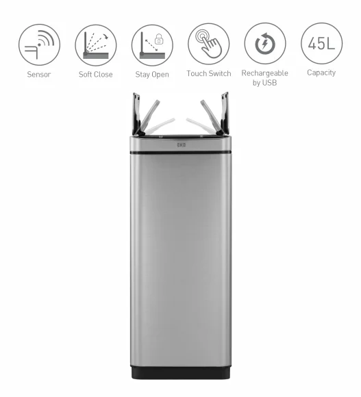X Wing 45L Stainless Steel Sensor Bin with Removable Inner Bucket, Metallic